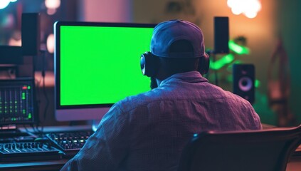 Poster - Man with headphones using computer with green screen.