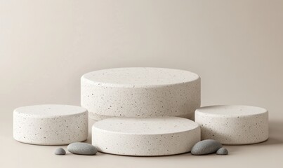 Poster - Three minimalist round stone podiums with grey pebbles on beige background.