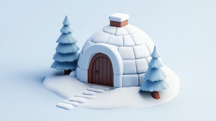 Aufkleber - Cartoon igloo with trees and steps on snow.