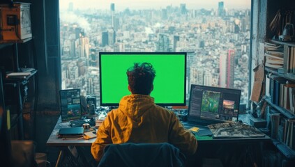 Poster - Person sits at desk facing large window overlooking city skyline, working on computer with green screen.