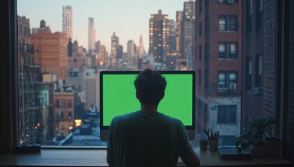 Poster - Man sits at desk with green screen computer, overlooking city at sunset.