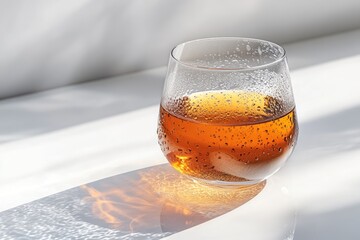 Poster - Glass of amber tea with condensation on a white surface, illuminated by sunlight casting a warm shadow.