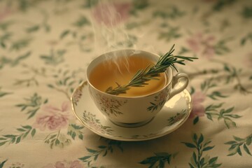 Poster - Steaming cup of herbal tea with rosemary sprig on floral tablecloth.