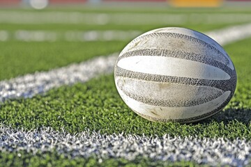 Poster - Close-up of a worn rugby ball on a green field.