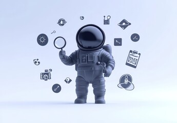 Poster - Astronaut exploring data with magnifying glass and icons.