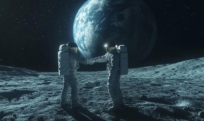 Poster - Two astronauts holding hands on the moon with Earth in the background.