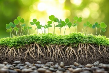 Poster - Young clover plants growing from soil, showing roots and ground layers.