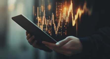 Poster - Person holding tablet displaying financial data, stock market graphs.