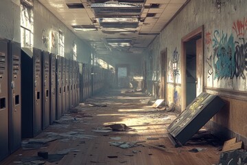 Poster - Sunlit, abandoned school hallway with debris, graffiti, and lockers.