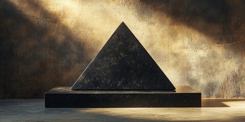 Poster - Dark pyramid on a platform against a textured wall.