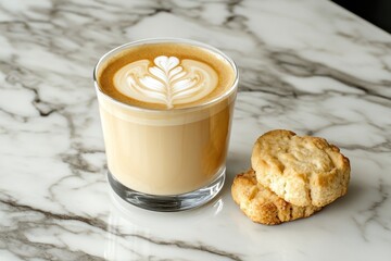 Poster - Latte art coffee drink in glass with two cookies on marble surface.