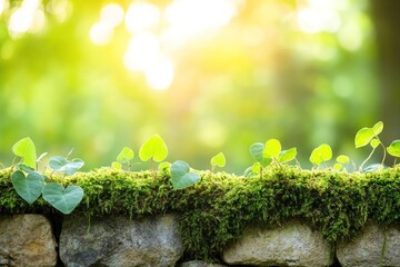 Leinwandbilder - Moss and ivy growing on a stone wall, backlit by sunlight.