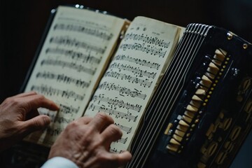 Poster - Close-up of hands playing an accordion with sheet music.