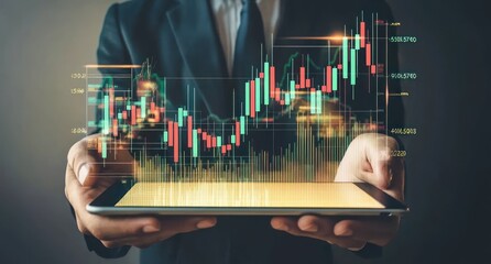 Poster - Businessperson holding tablet displaying stock market graph.
