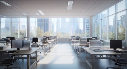 Aufkleber - Modern, sunlit office space with city view, rows of desks and computers.