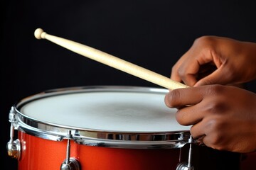 Aufkleber - Close-up of hands playing a red snare drum with drumsticks.