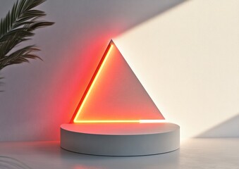 Poster - Illuminated triangle on a white pedestal with sunlight and palm leaf.
