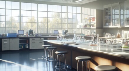 Poster - Sunlit modern laboratory with equipment and large windows.