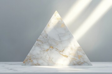 Poster - Elegant triangular marble podium with gold veins, illuminated by sunlight.