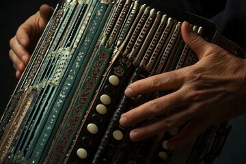 Poster - Close-up of hands playing an antique accordion. (1)