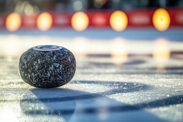 Poster - Close-up of a curling stone on ice, with blurred background lights.