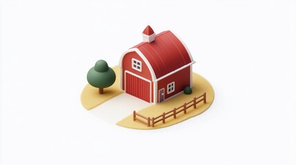 Poster - Isometric red barn with small tree and fence.