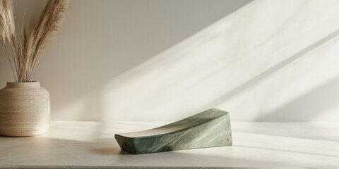 Aufkleber - Minimalist green stone object on white surface with pampas grass in beige vase.