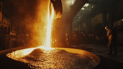 Aufkleber - Molten metal is being poured into molds in a dimly lit industrial hall, creating bright flames and flying sparks in the air. Generative AI