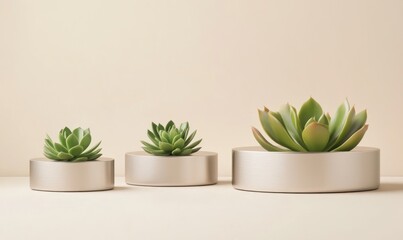 Poster - Three succulents in graduated metallic pots on beige background.