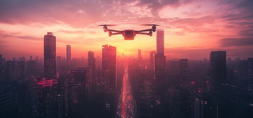 Poster - A drone flying over a cityscape at sunset, capturing urban beauty.