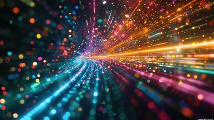 Poster - big data flows through cyberspace as colorful particles and light trails, creating a futuristic and 