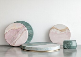 Poster - Elegant marble podiums on grey floor against white wall.