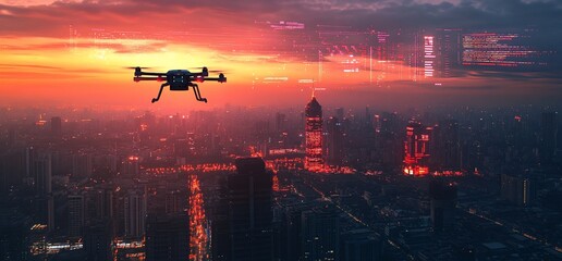 Poster - A drone hovers over a cityscape at sunset, capturing urban imagery.