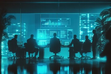 Aufkleber - Silhouetted business team meeting at night in a modern office with large screens displaying data.