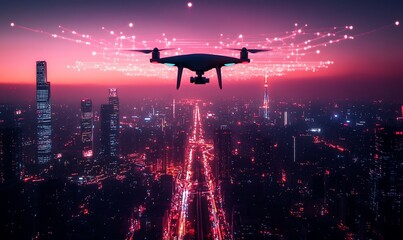 Aufkleber - A drone flying over a vibrant cityscape at sunset, surrounded by lights.