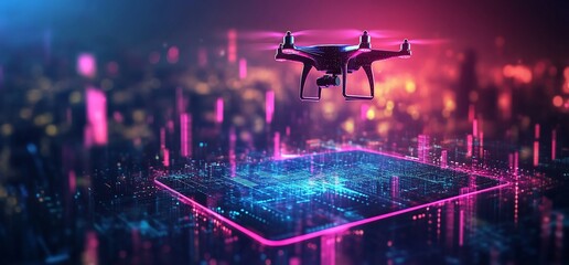 Poster - A drone hovers over a digital circuit, symbolizing technology and innovation.