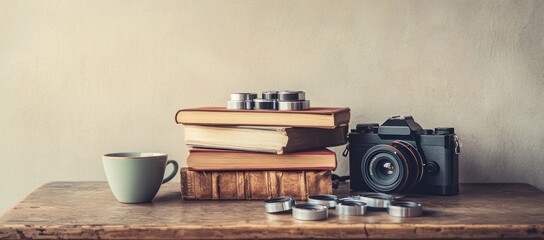 Poster - Still life of books, camera, film reels, and coffee cup on a wooden table.