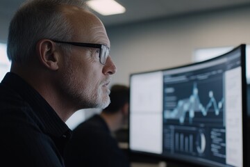 Poster - Focused businessman analyzing data on large computer screens in modern office.