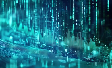 Aufkleber - Abstract teal digital data visualization with lines, numbers, and graphs.