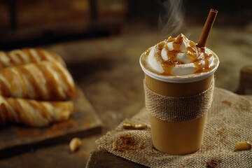 Poster - Steaming coffee drink with whipped cream, caramel drizzle, and cinnamon stick in a disposable cup, served with croissants.