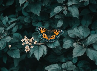 Aufkleber - Colorful butterfly perched on lush green foliage.