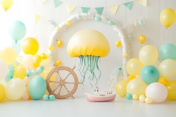 Poster - Festive nautical-themed birthday setup with jellyfish balloon, boat, wheel, and pastel balloons.