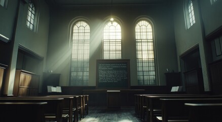 Poster - Sunbeams illuminate a dimly lit, antique lecture hall with wooden desks and chairs, a chalkboard displaying text, and tall arched windows.