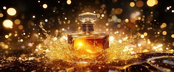 Poster - A luxurious perfume bottle splashes in a golden, sparkling liquid.
