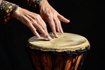 Aufkleber - Elderly hands playing a djembe drum against a black background.