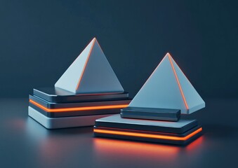 Poster - Two white pyramids on layered platforms with neon orange lights against a dark background.