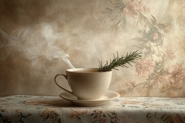 Poster - Steaming cup of herbal tea with rosemary sprig on floral tablecloth. (1)