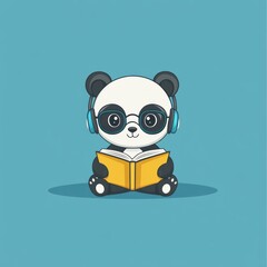 Aufkleber - Cute panda wearing headphones reading a book.