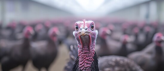 Poster - Close-up of a turkey's head, with a blurred background showing a flock of turkeys.