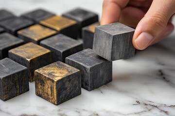 Poster - Hand placing black and gold cube block on marble.